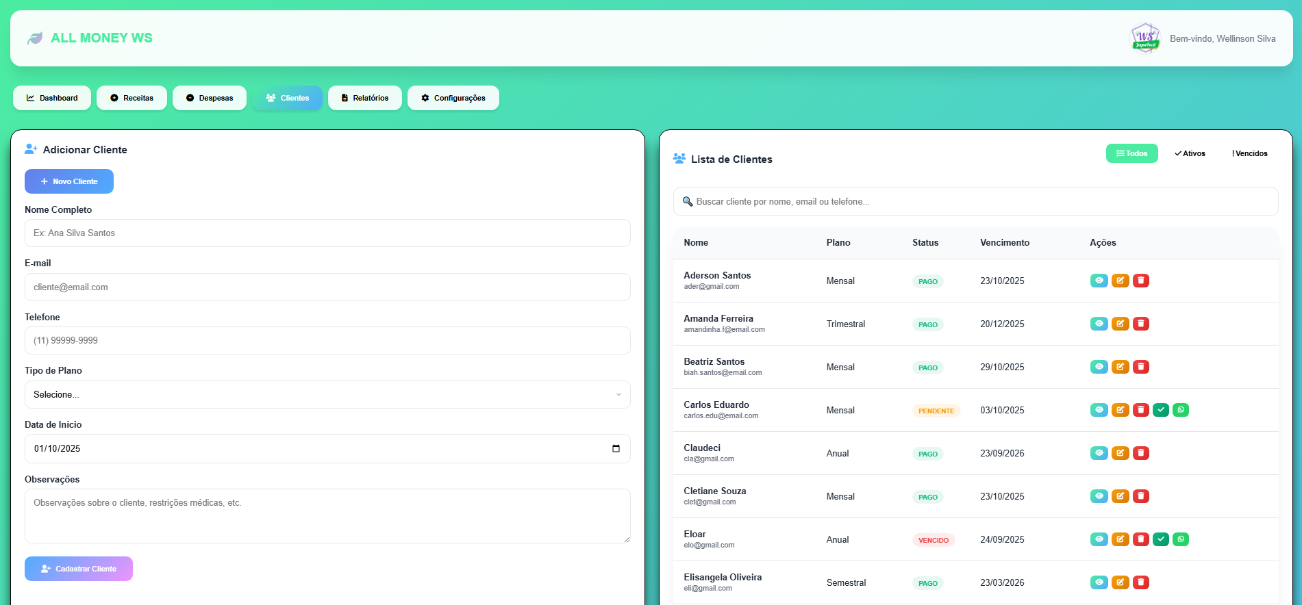 Gestão de Clientes ALL MONEY WS